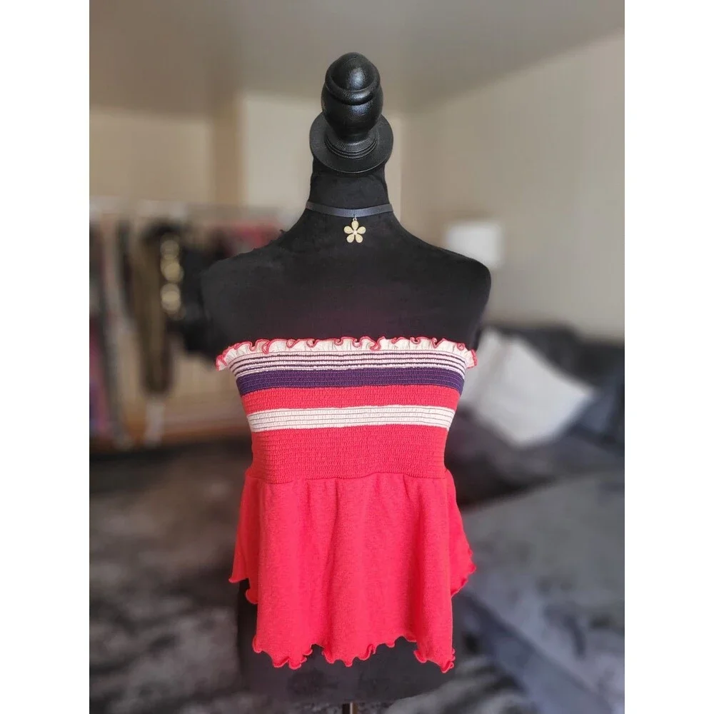 Free People Free To Be Striped Ruffle Edge Hem Stretchy Boho Tube Top Size M NWT